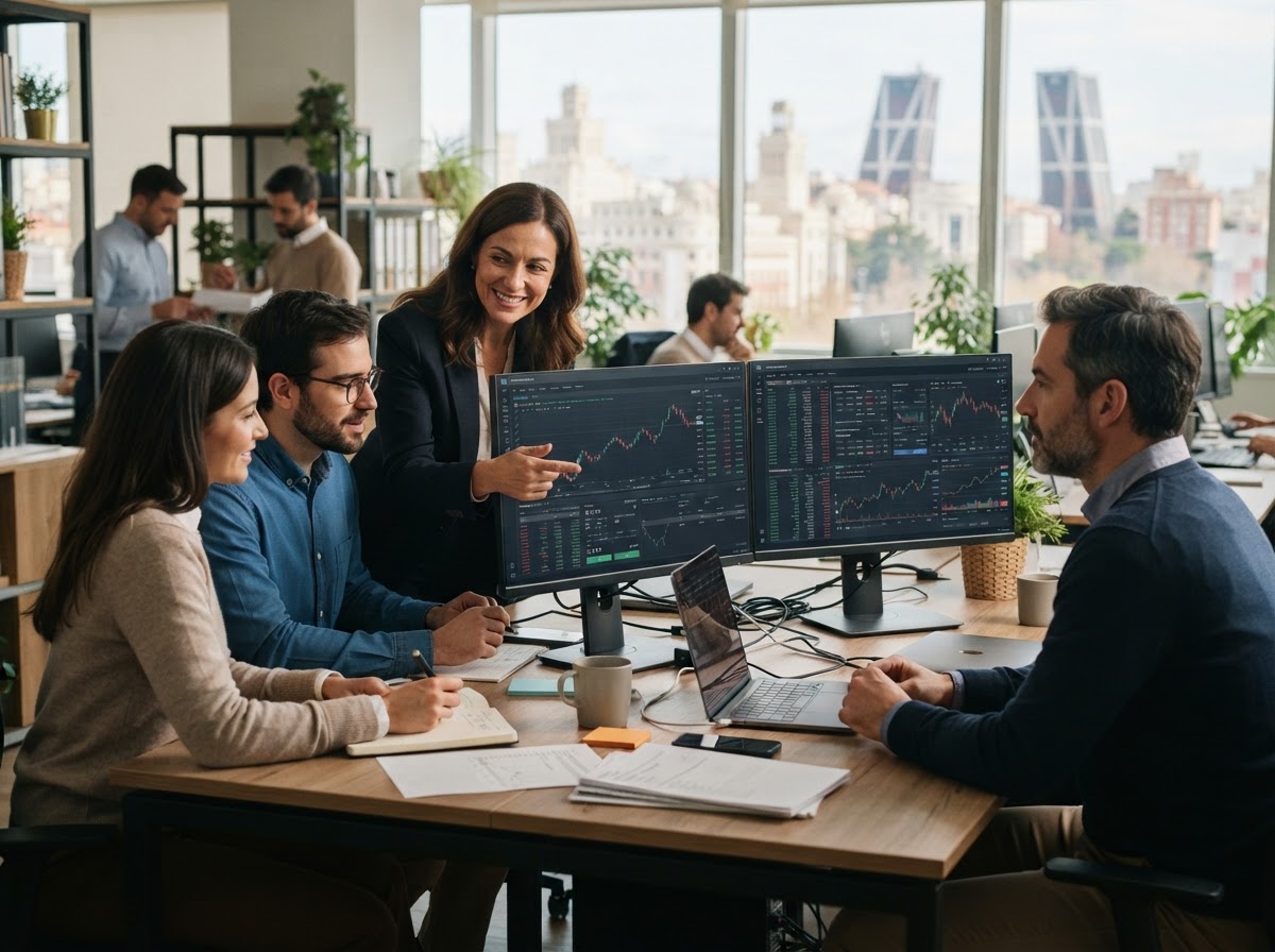Prado Investorio: diagrama abstracto de flujo de datos mostrando capital pasando de un estado estático a uno optimizado
