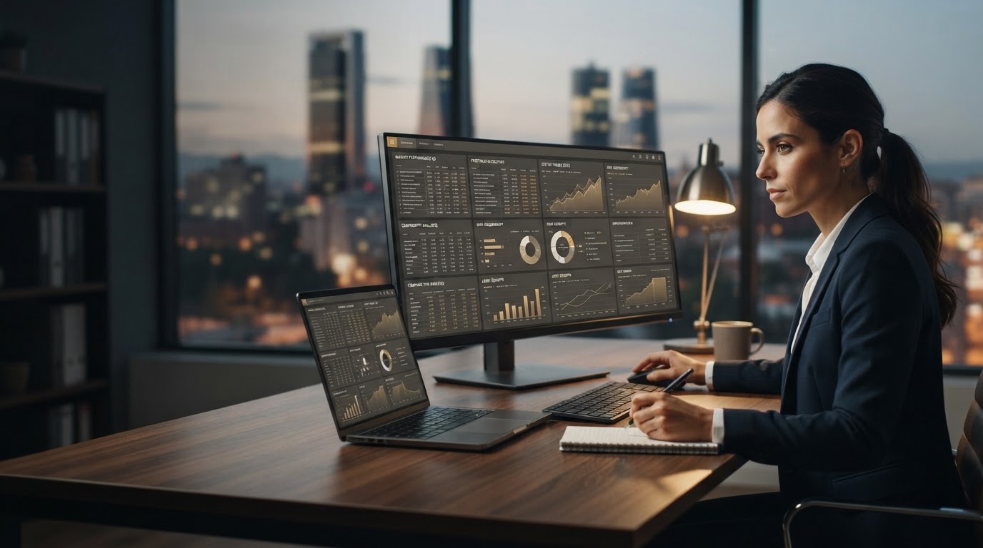 Prado Investorio: panel de visualización de datos mostrando curva de crecimiento estable y puntos de mitigación de riesgo